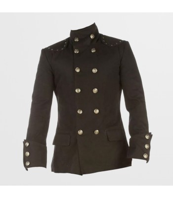 Men Gothic Military Trench Coat | Black Cotton Twill Long Jacket with Metal Button Detailing